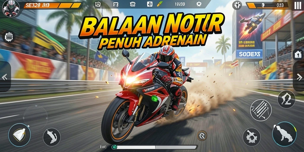 Gameplay mendebarkan di SE328 dengan motor balap yang cepat.