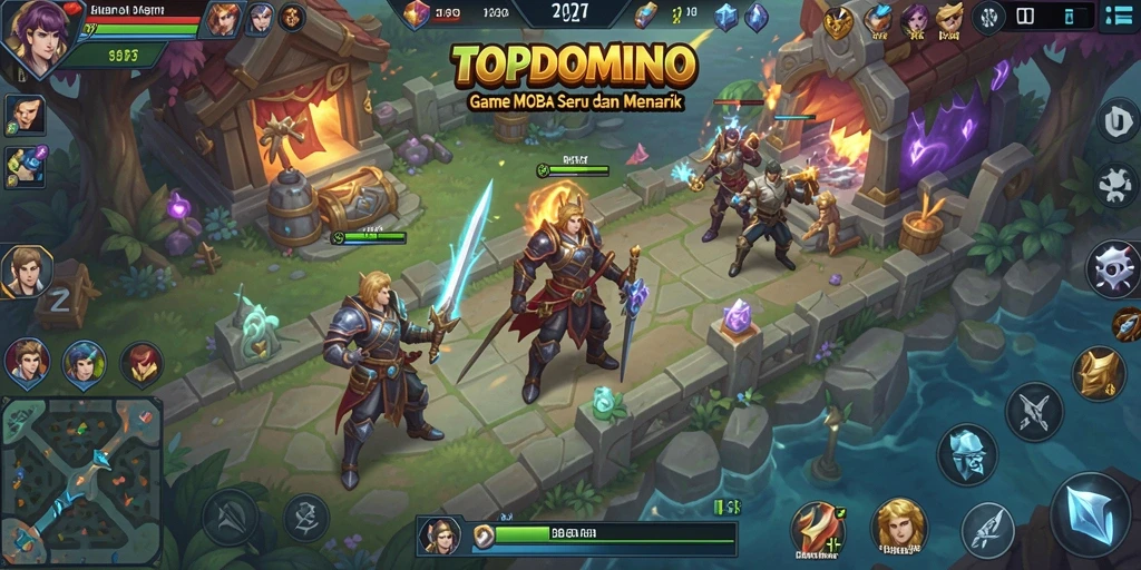 Screenshot gameplay <strong>TOPDOMINO</strong> menampilkan pertarungan seru dalam arena MOBA.