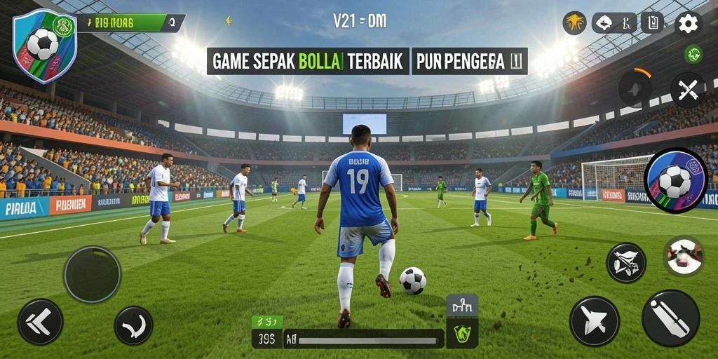 Screenshot gameplay V21 yang menunjukkan momen seru dalam pertandingan sepak bola.
