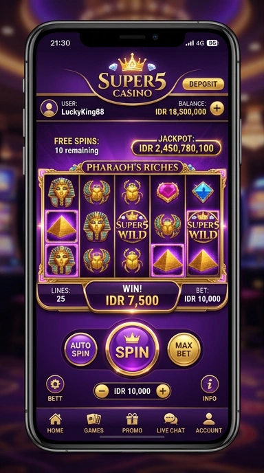 Screenshot aplikasi super5 menampilkan berbagai kategori yang menarik.